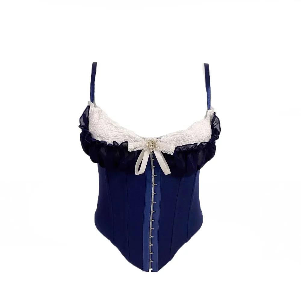 Vintage-Inspired Black Overbust Corset with White Ruffled Lace Trim