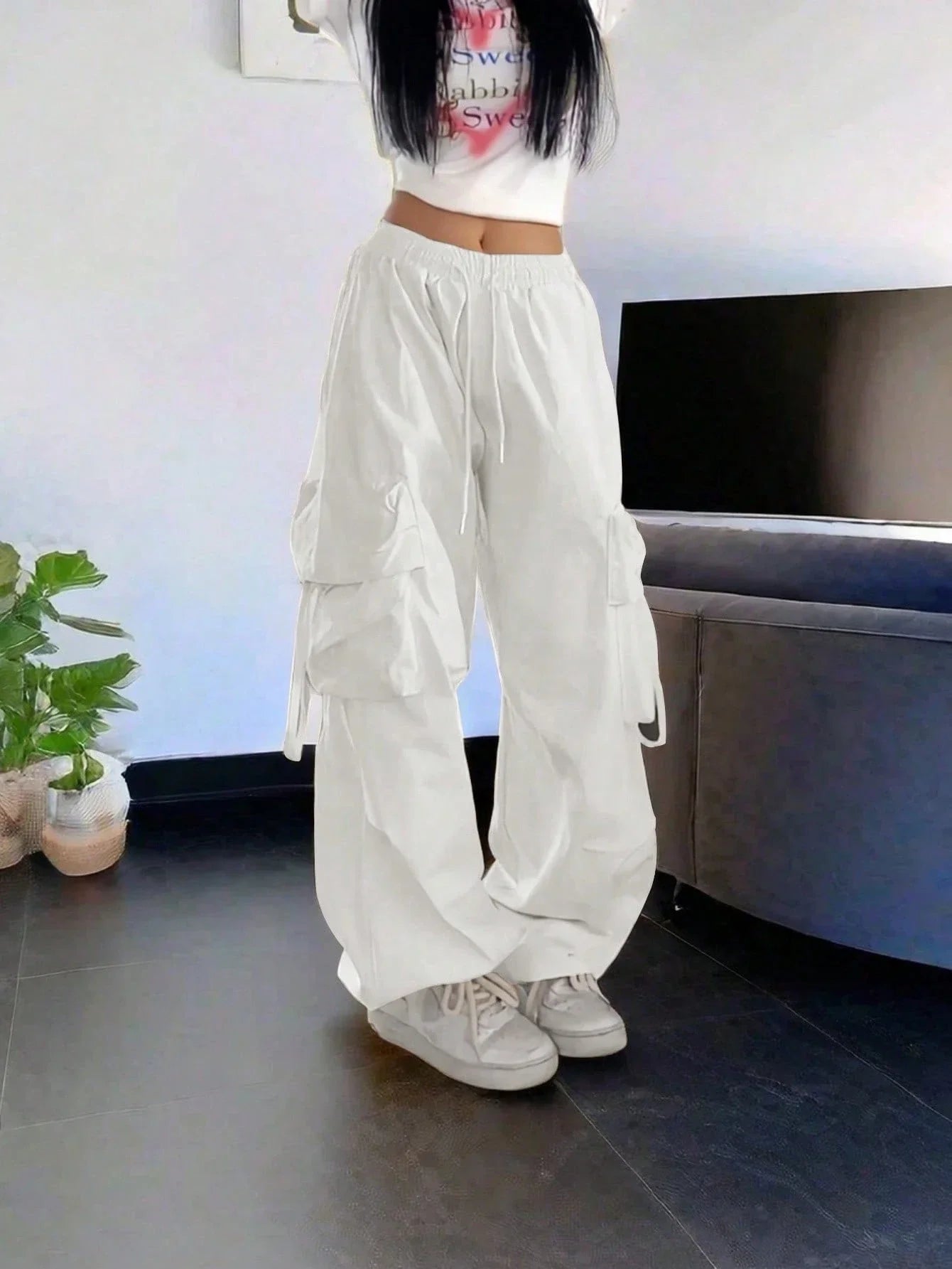 High Waist Cargo Pants with Flap Pockets Relaxed Wide Leg Streetwear Trousers