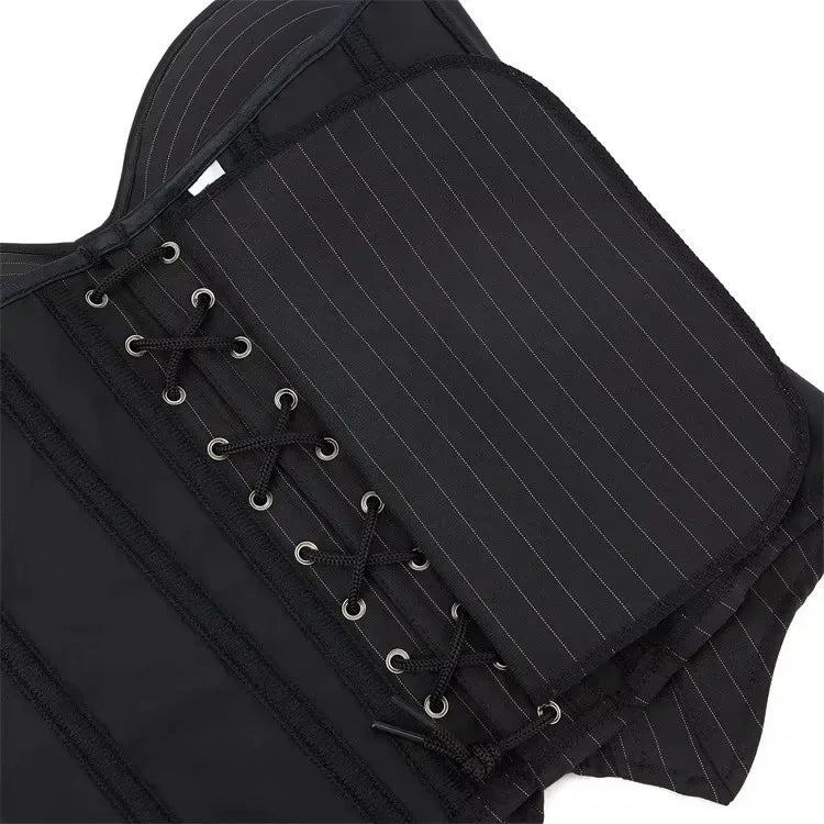 Tailored Black Pinstripe Overbust Corset with Structured Sweetheart Bodice