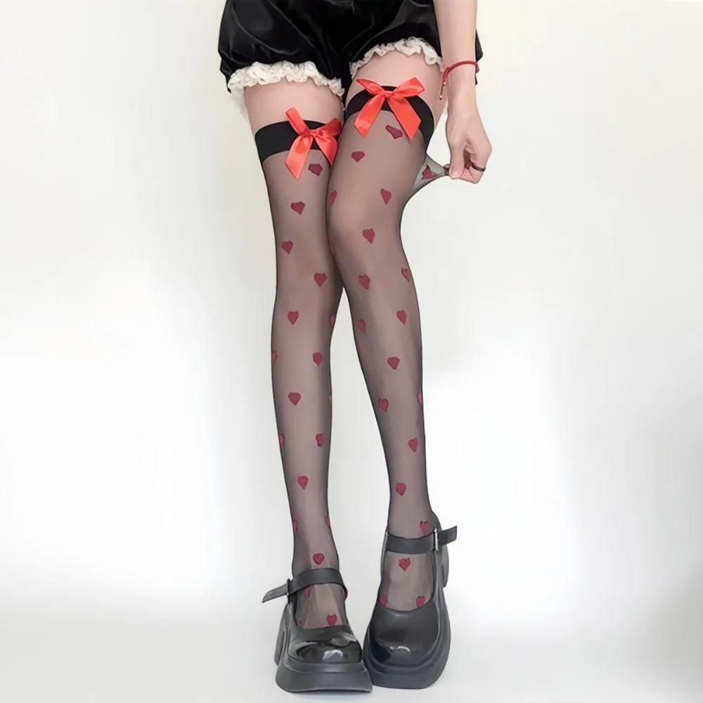 Heart Pattern Sheer Thigh High Stockings with Decorative Bow Detail for Sweet Everyday Fashion