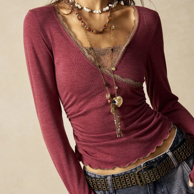Lace Trim Wrap Crop Top with Deep Neckline and Layered Styling