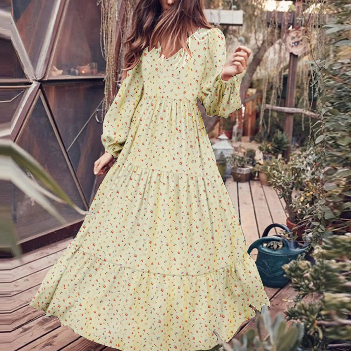 Flowing Bohemian Floral Maxi Dress with Tiered Skirt and Voluminous Sleeves