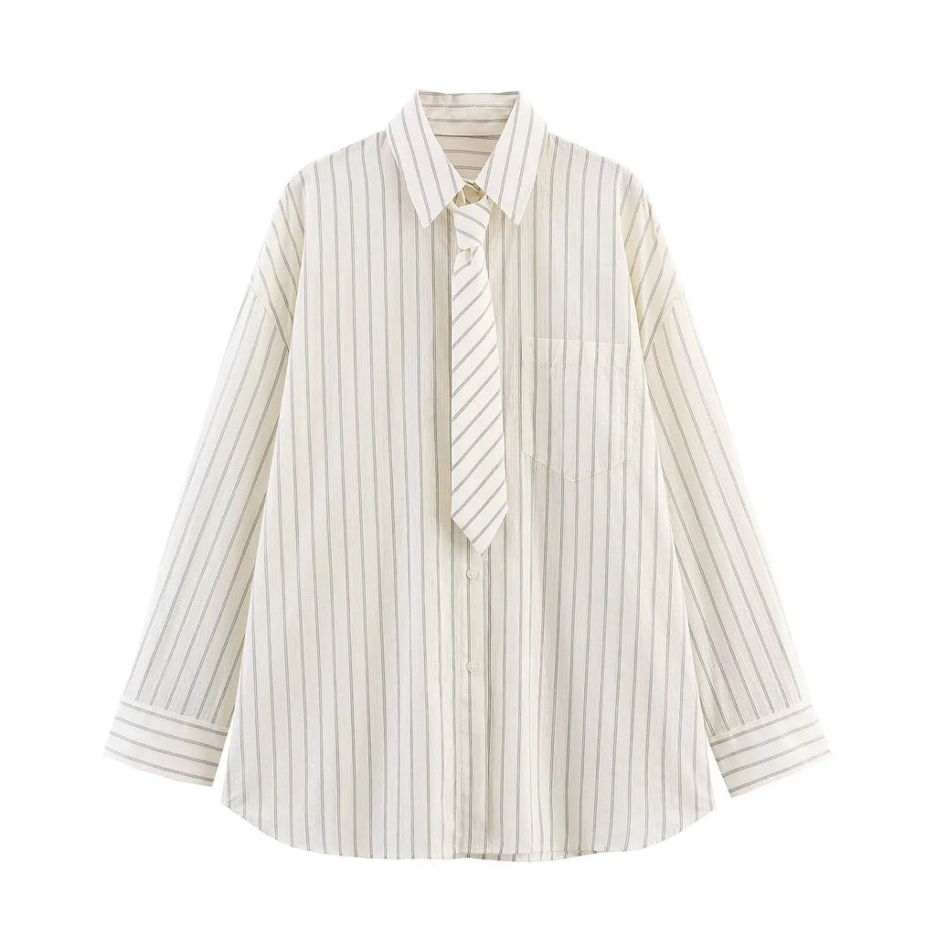 Boyfriend-Style Striped Button-Down Shirt with Matching Fabric Tie