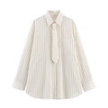 Boyfriend-Style Striped Button-Down Shirt with Matching Fabric Tie