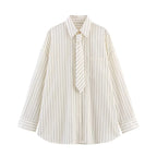 Boyfriend-Style Striped Button-Down Shirt with Matching Fabric Tie