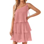 One Shoulder Tiered Mini Dress with Layered Flowy A-Line Silhouette