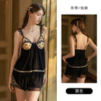Elegant Black Mesh Slip Dress Set with Contrast Embroidered Lace Bust
