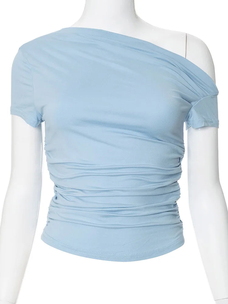 Women's Off Shoulder Ruched Crop Top for Minimalist Casual Streetwear Everyday Fashion Style