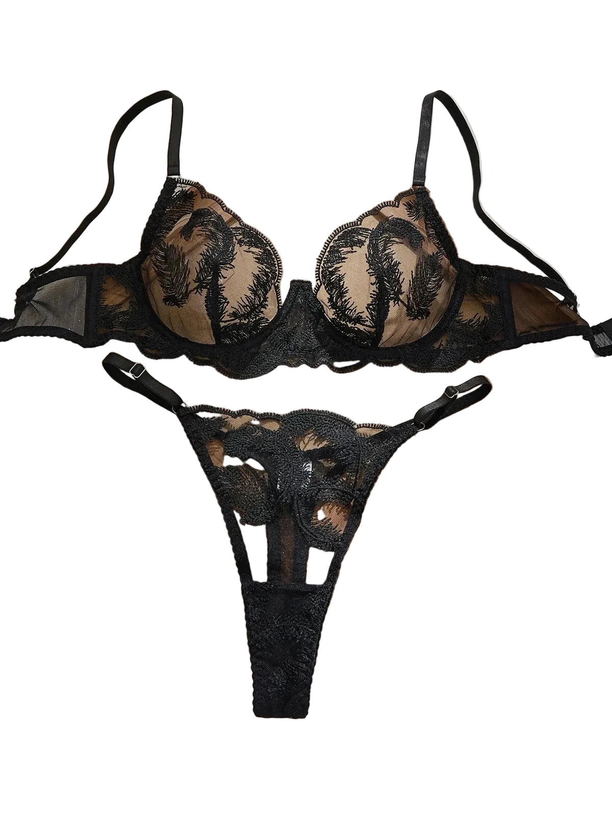 Midnight Sheer Embroidered Mesh Underwire Bra and Strappy Thong Set