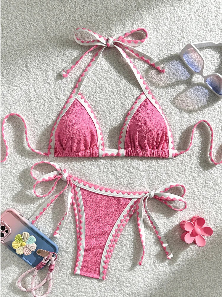 Light Blue Textured Triangle String Bikini with Delicate Ruffled Trim