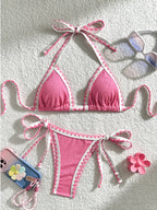 Light Blue Textured Triangle String Bikini with Delicate Ruffled Trim