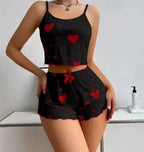 Sweetheart Print Two-Piece Cropped Camisole and Shorts Sleepwear Set with Lettuce Trim