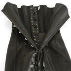 Sleek Black Satin Long-Torso Corset Dress with Front Busk and Lace-Up Detail