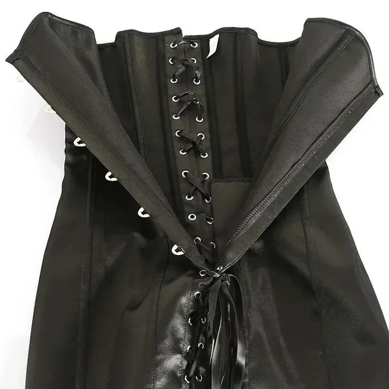 Sleek Black Satin Long-Torso Corset Dress with Front Busk and Lace-Up Detail