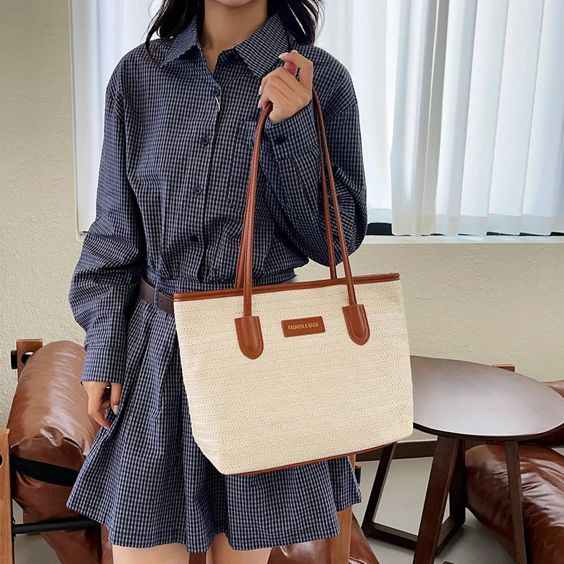 Large Capacity Woven Straw Tote Shoulder Bag for Everyday Travel