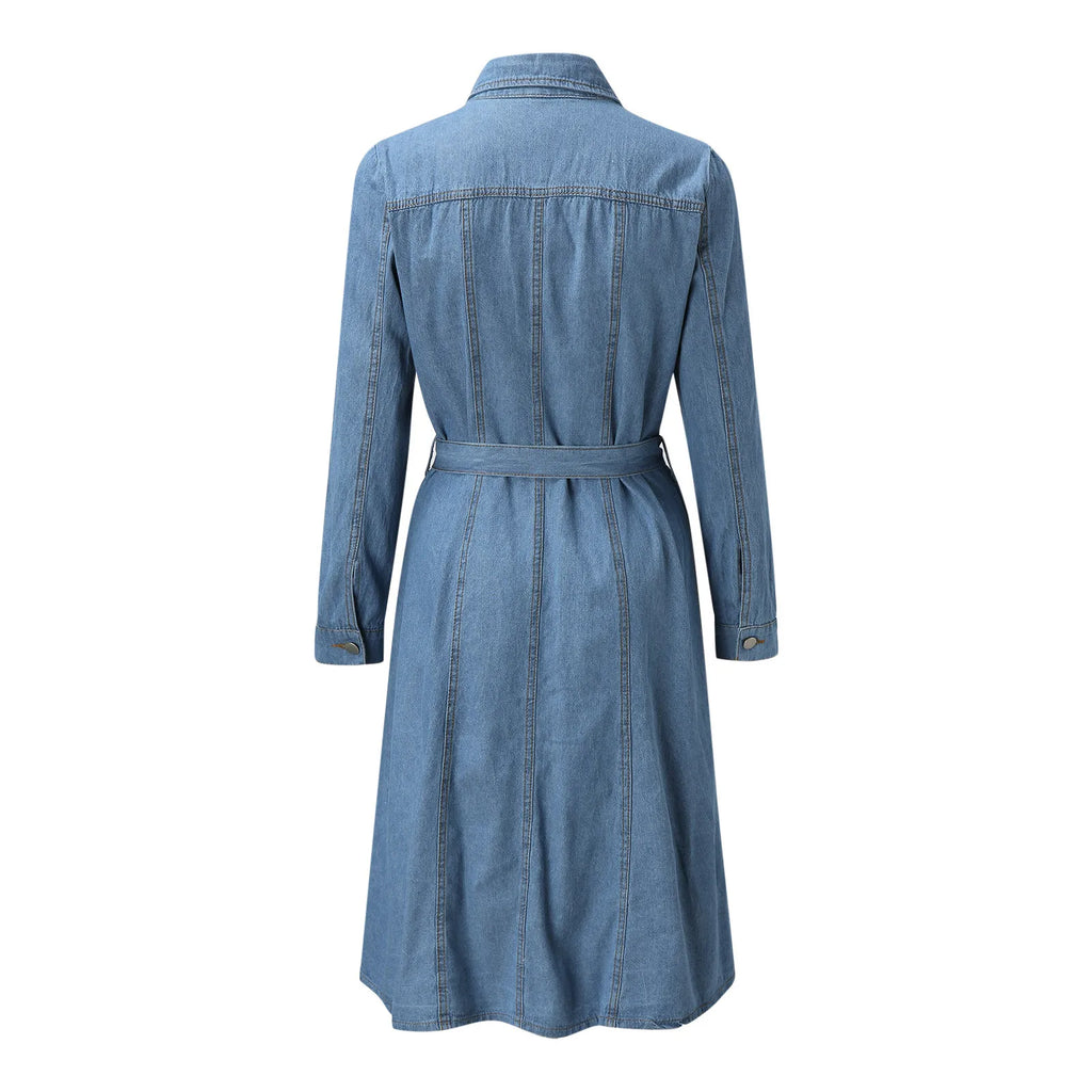 Button Front Denim Midi Dress with Belted Waist and Long Sleeves