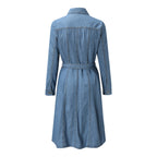 Button Front Denim Midi Dress with Belted Waist and Long Sleeves