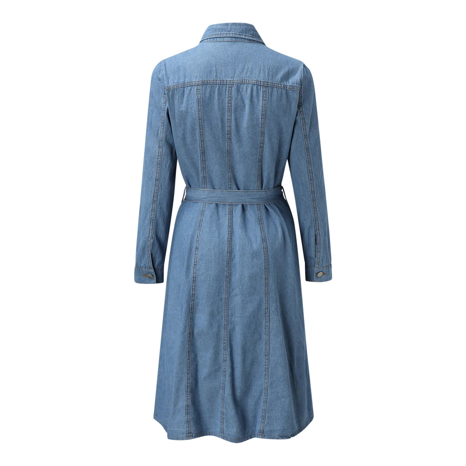 Button Front Denim Midi Dress with Belted Waist and Long Sleeves