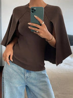 Women's Relaxed Batwing Sleeve Crew Neck Cotton Knit Poncho Style Casual Pullover Sweater