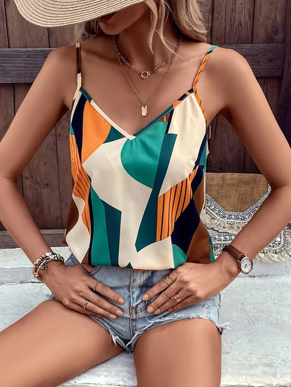 Geometric Print Spaghetti Strap Tank Top with Slim Fit Contemporary Summer Style