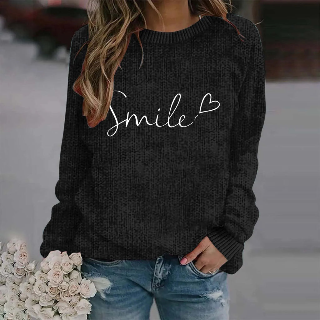 Women's Minimalist Script Graphic Crew Neck Relaxed Knit Pullover Sweater