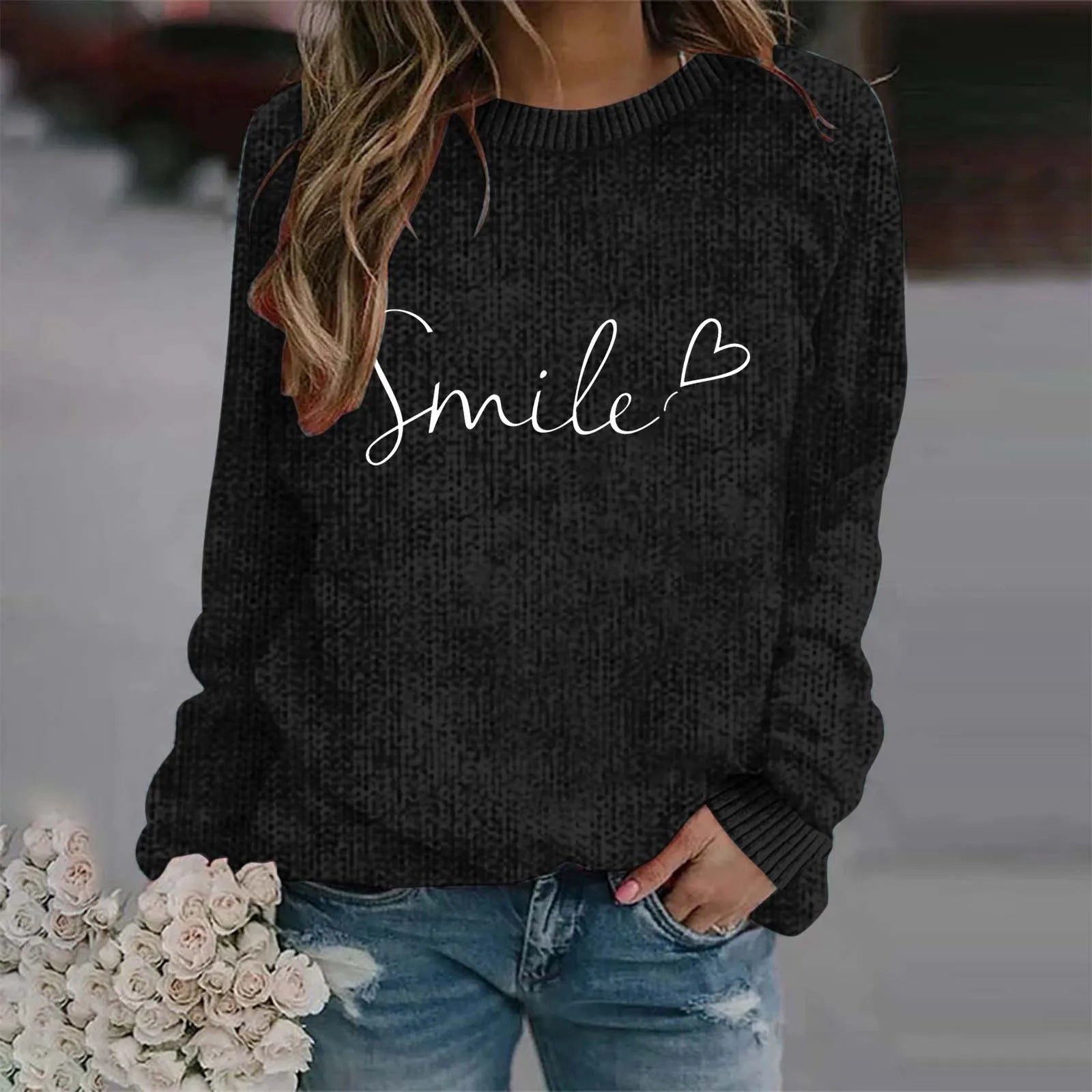 Women's Minimalist Script Graphic Crew Neck Relaxed Knit Pullover Sweater