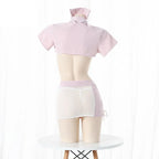 Pastel Pink Three-Piece Nurse Roleplay Outfit with Cropped Top and Strappy Mini Skirt