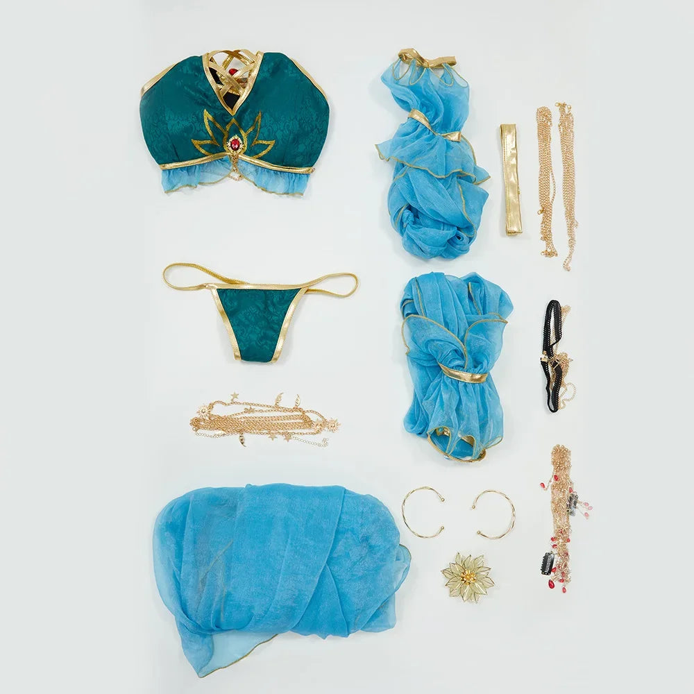 Women's Satin Halter Top and Layered Skirt Set with Detached Sleeves and Coordinated Accessories