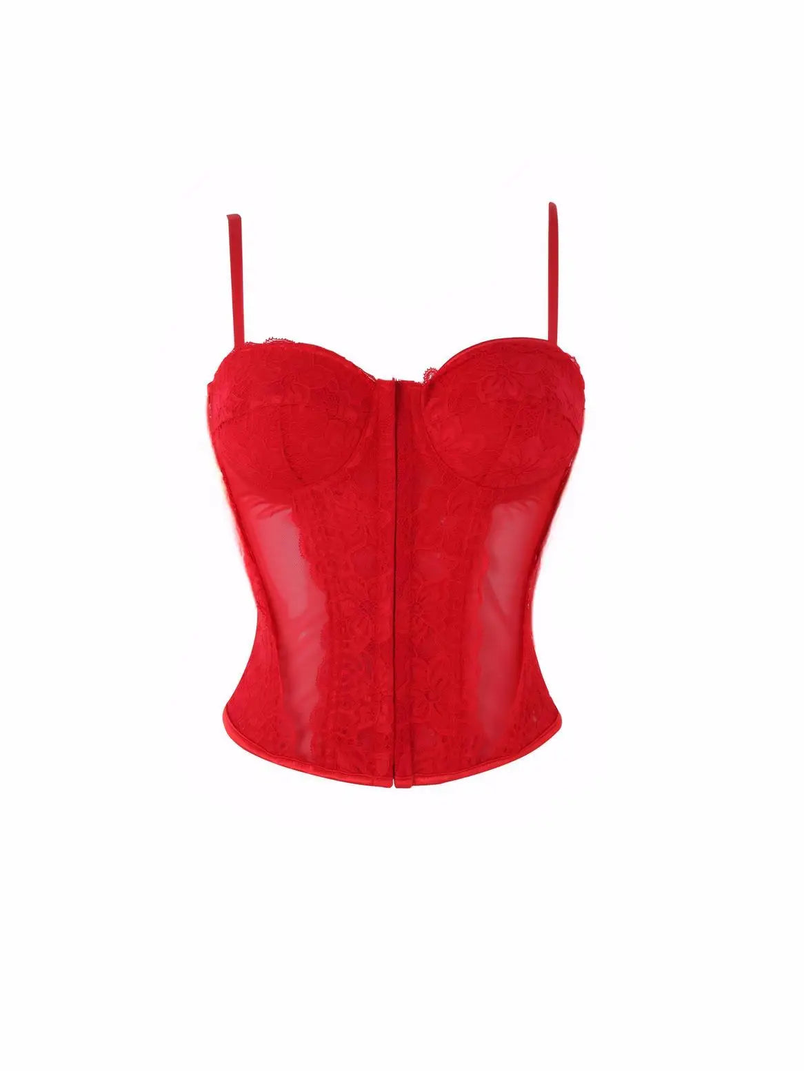 Crimson Red Lace and Sheer Mesh Bustier with Front Hook Closure