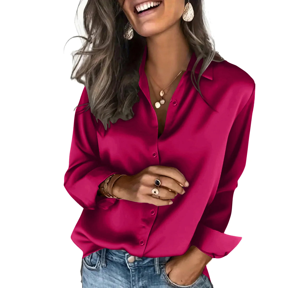 Classic Solid Black Satin-Finish Button-Down Blouse with Straight Silhouette