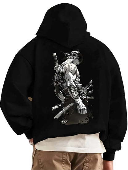 Dark Anime Warrior Hoodie with Manga-Inspired Battle Graphic Streetwear Design