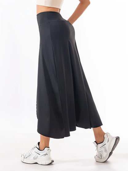 High Waist A-Line Midi Skirt with Front Slit Flowing Contemporary Casual Style