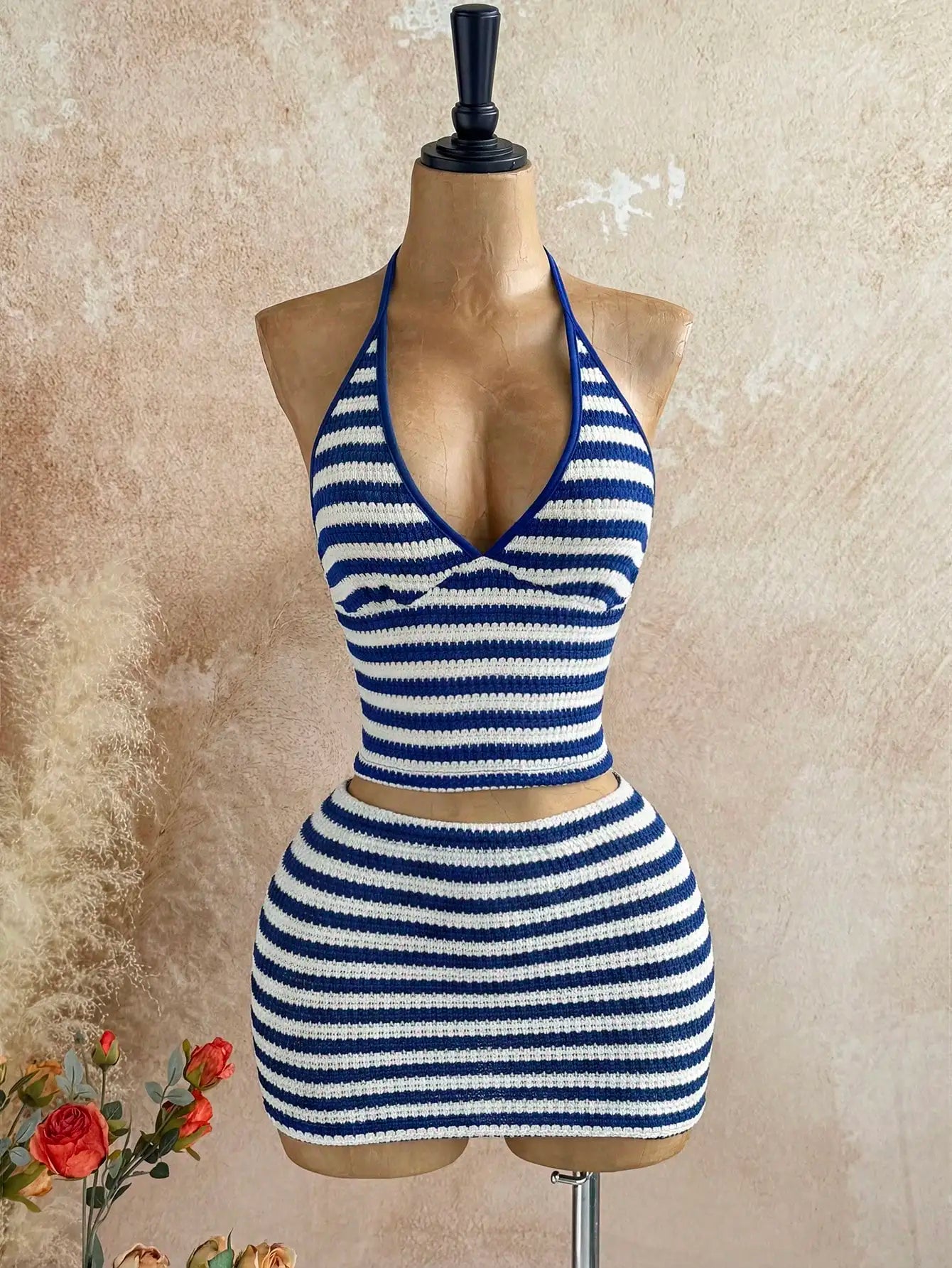 Striped Halter Crop Top and Mini Skirt Beach Co-Ord Set