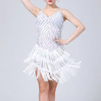 Dazzling White Sequin and Tassel Fringe Mini Dress with V-Neckline