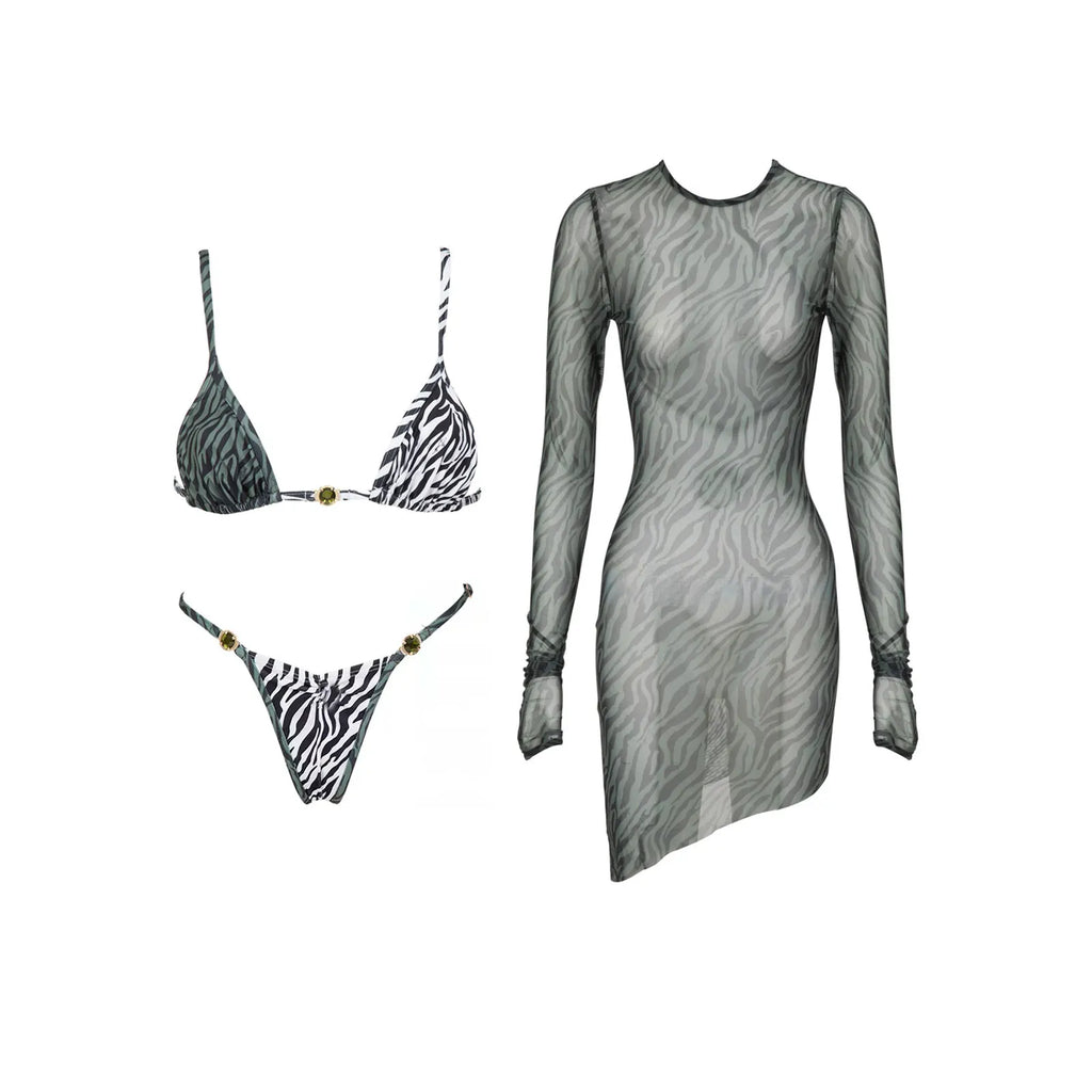 Three-Piece Zebra Print Swimwear Set with Matching Sheer Mesh Pants