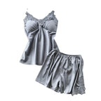 Elegant Navy Blue Satin-Finish Camisole and Shorts Set with Floral Lace Appliqué