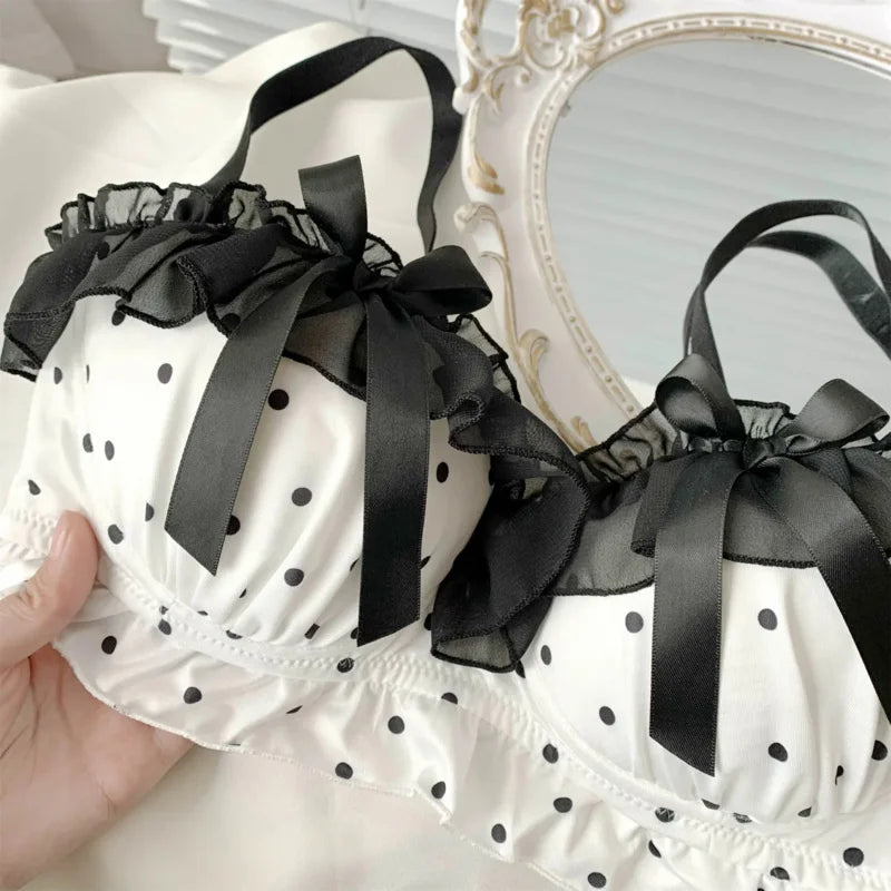 Playful Black and White Polka Dot Wire-Free Ruffled Bra Set