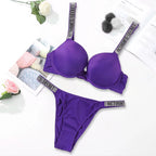Sleek Minimalist Contour Underwire Bra and Thong Set with Crystal-Embellished Straps