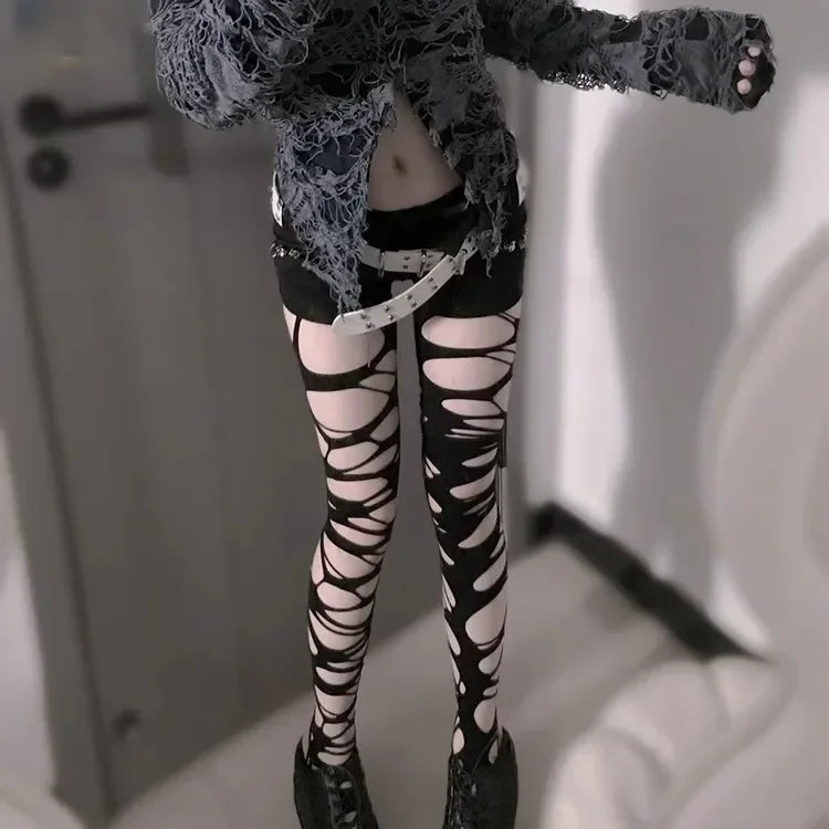 Distressed Fishnet Pattern Tights with Geometric Cutout Design for Alternative Streetwear Fashion