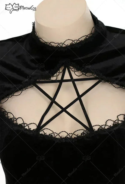 Women's Gothic Velvet Maxi Dress with Flared Mesh Sleeves and Elegant Alternative Styling