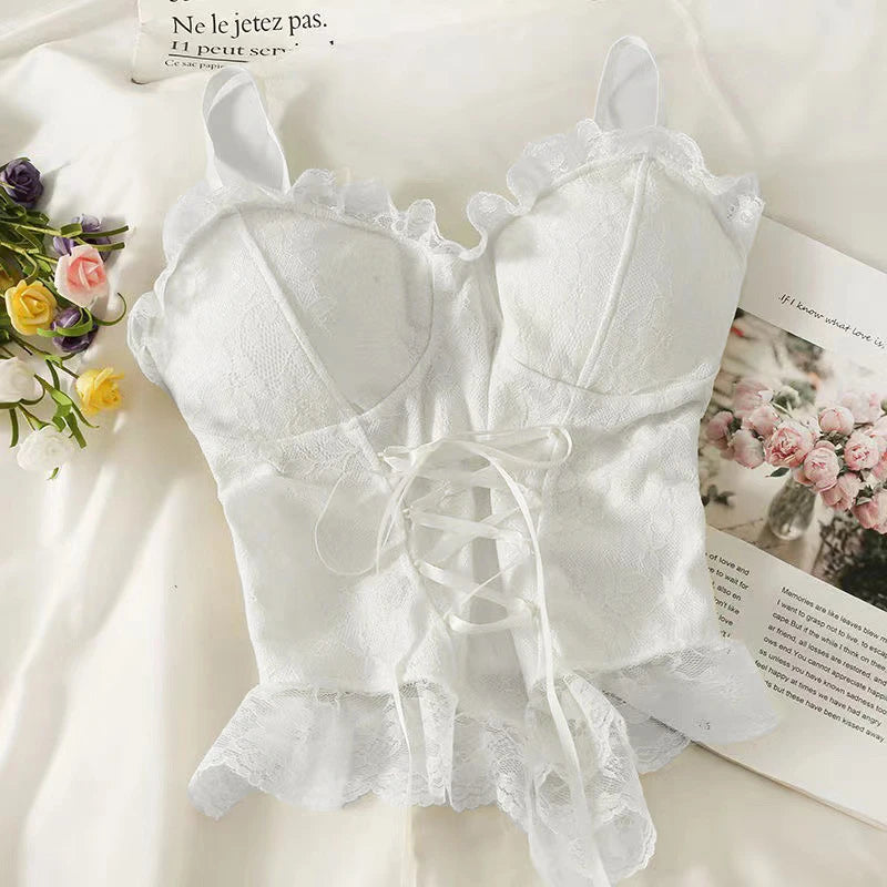 Lace Trim Corset Cami Top with Structured Bodice and Adjustable Straps