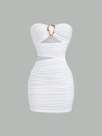 Strapless Ruched Bodycon Mini Dress with Metallic Accent Contemporary Silhouette