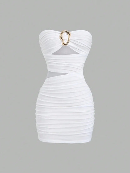 Strapless Ruched Bodycon Mini Dress with Metallic Accent Contemporary Silhouette