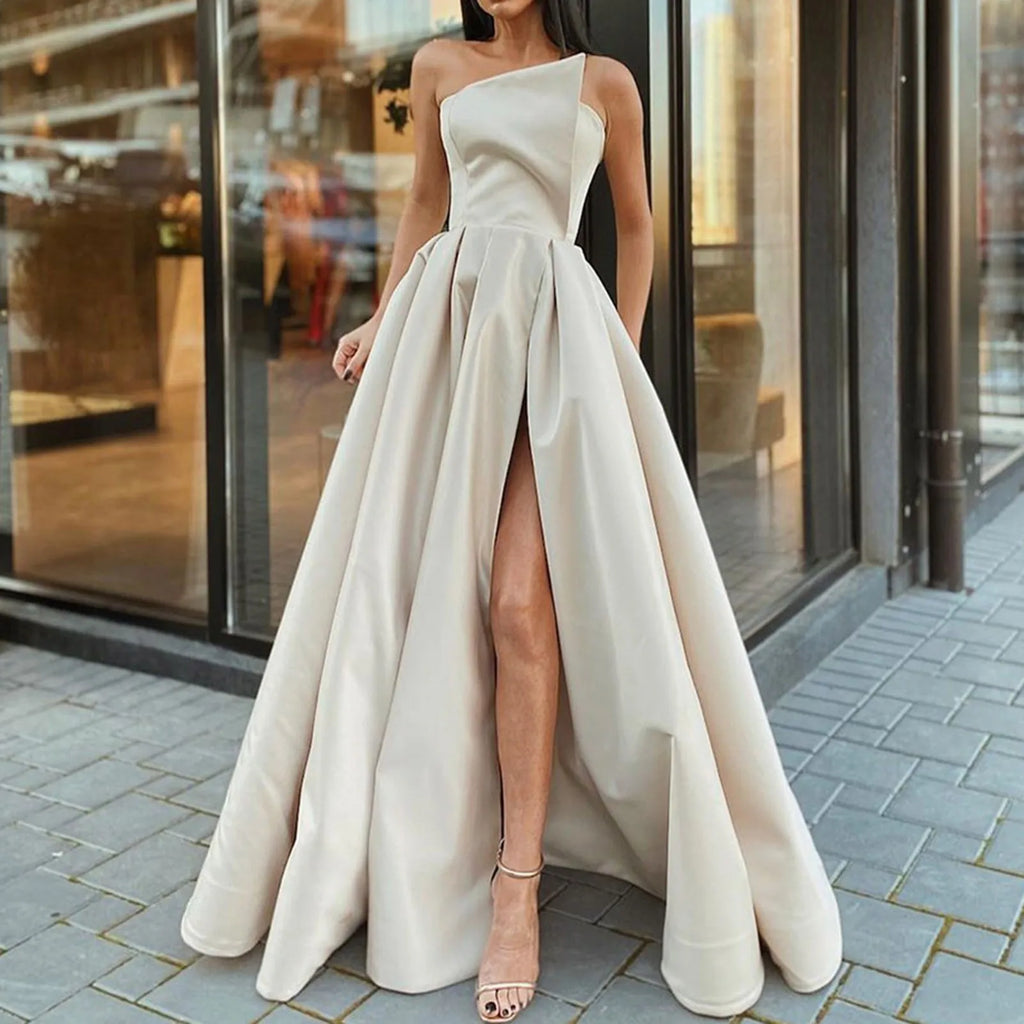 One Shoulder Satin-Inspired Maxi Dress with High Slit and Draped Detail
