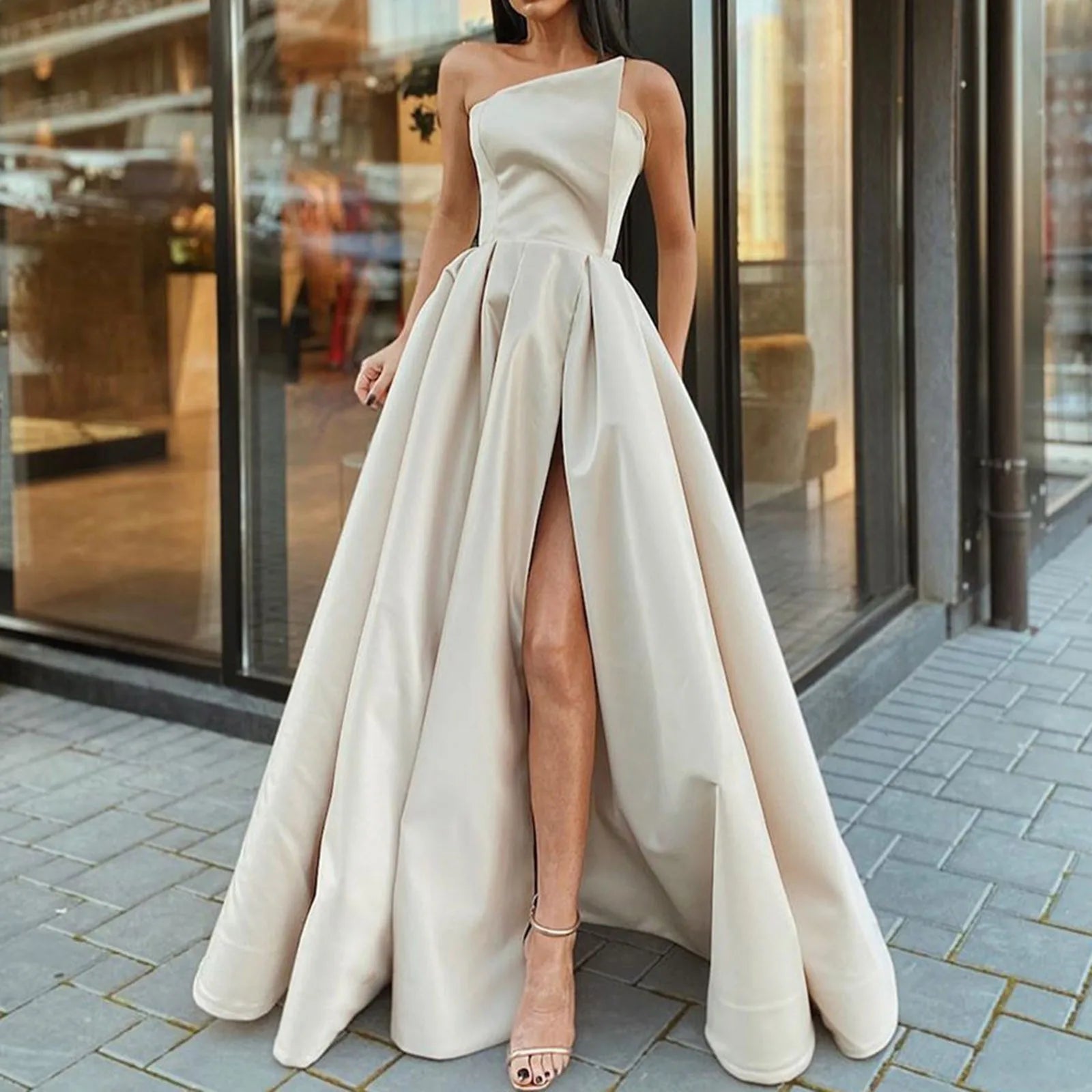One Shoulder Satin-Inspired Maxi Dress with High Slit and Draped Detail