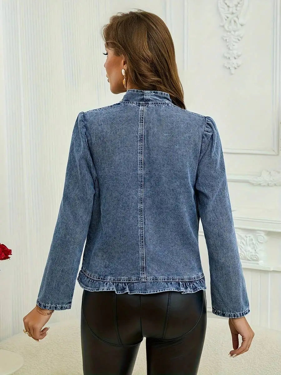 Women's Cropped Ruffle Trim Denim Jacket with Modern Slim Fit Silhouette