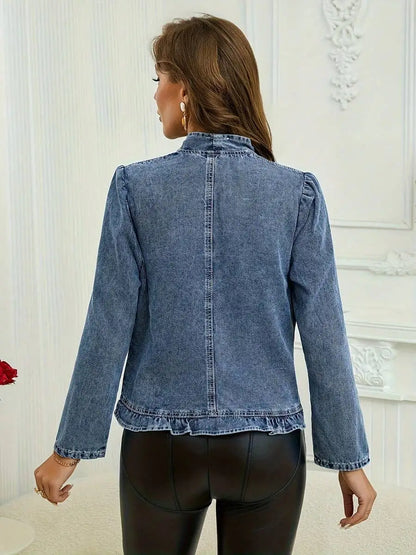 Women's Cropped Ruffle Trim Denim Jacket with Modern Slim Fit Silhouette