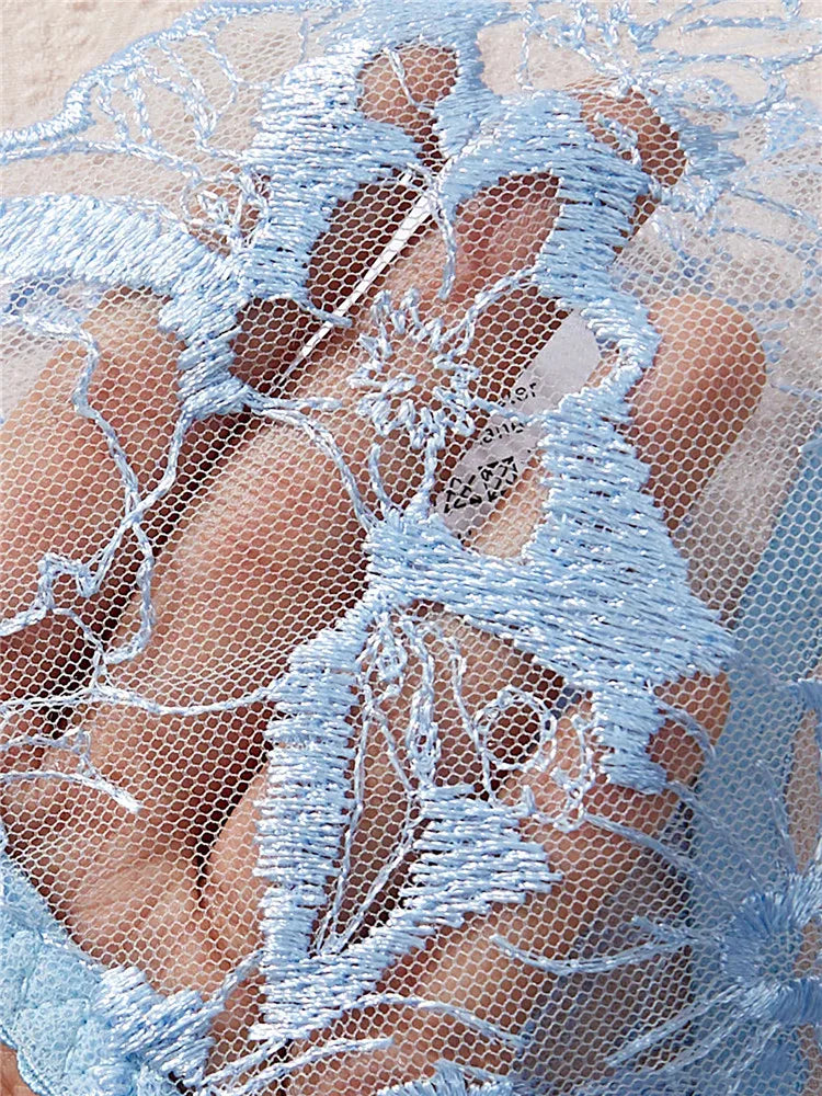 Serene Blue Sheer Mesh and Floral Embroidered Underwire Lingerie Set