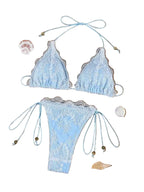Delicate Light Blue Lace-Textured Triangle String Bikini Set