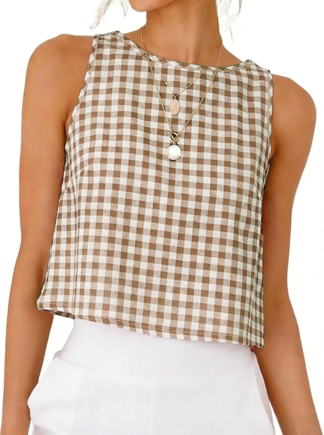 Gingham Sleeveless Crop Top with Minimalist Silhouette and Vintage Inspired Style